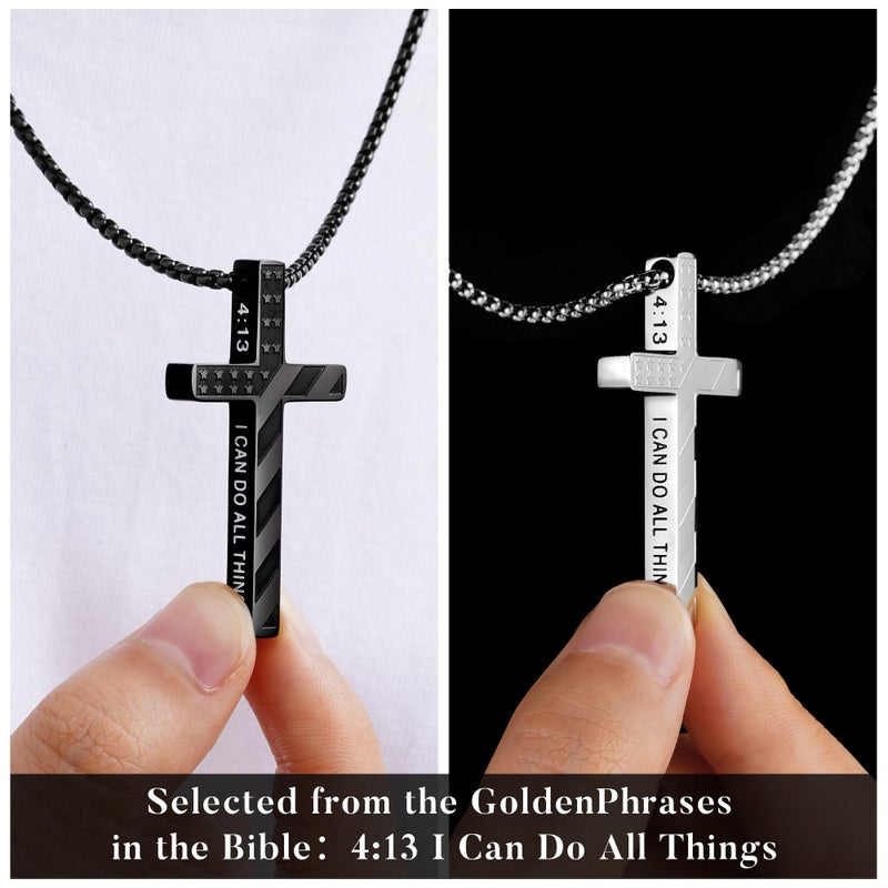 M MOOHAM Easter Gifts for Men Boys Cross Necklace - Silver Black Stainless Steel Bible Verse Cross Chain Pendant Necklaces for Men Teen Boy American Flag Religious Christian Jewelry Gift 20 Inches - Image 2
