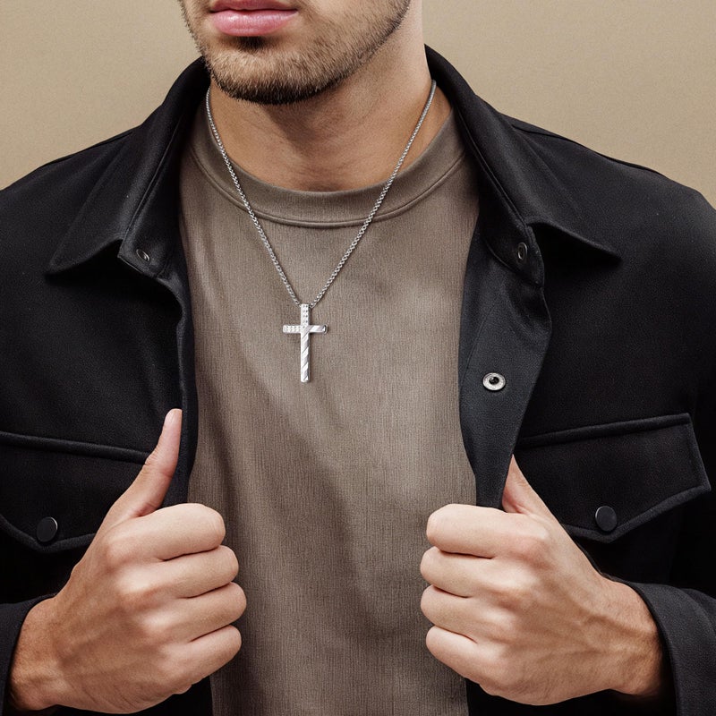 M MOOHAM Easter Gifts for Men Boys Cross Necklace - Silver Black Stainless Steel Bible Verse Cross Chain Pendant Necklaces for Men Teen Boy American Flag Religious Christian Jewelry Gift 20 Inches - Image 3