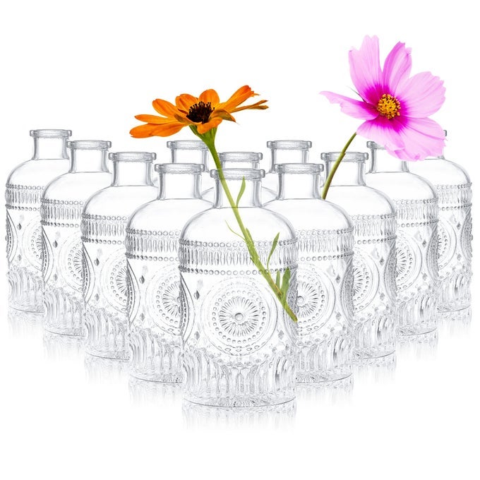 12 PACK CLEAR GLASS BUD VASES SMALL VASES FOR FLOWERS VINTAGE GLASS BOTTLES FOR HOME OFFICE DECOR CENTERPIECES FOR WEDDING TABLE