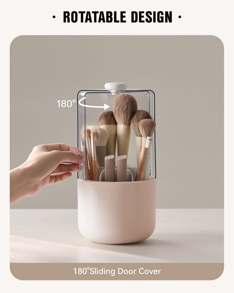 EACHY Makeup Brush Holder 360Â° Rotating with Dustproof Lid, Waterproof Material, 7 Compartments for Organized Storage, Stylish and Durable Design for Vanity (Pink) - Image 3