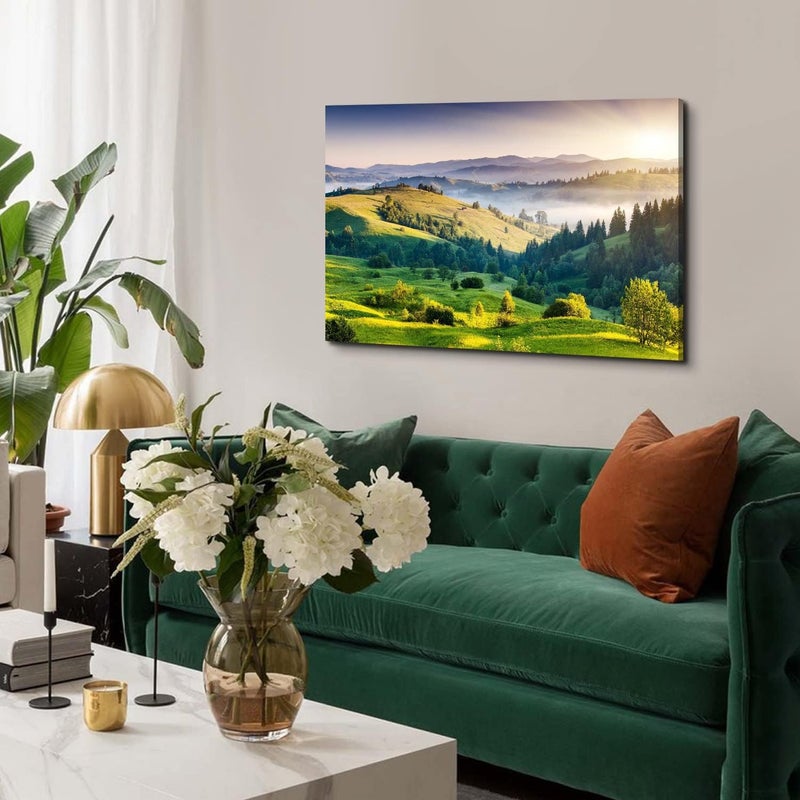 AREBOLO Sunrise Mountain Wall Art Misty Forest Landscape Canvas Picture Living Room Decor 24x36 - Image 5