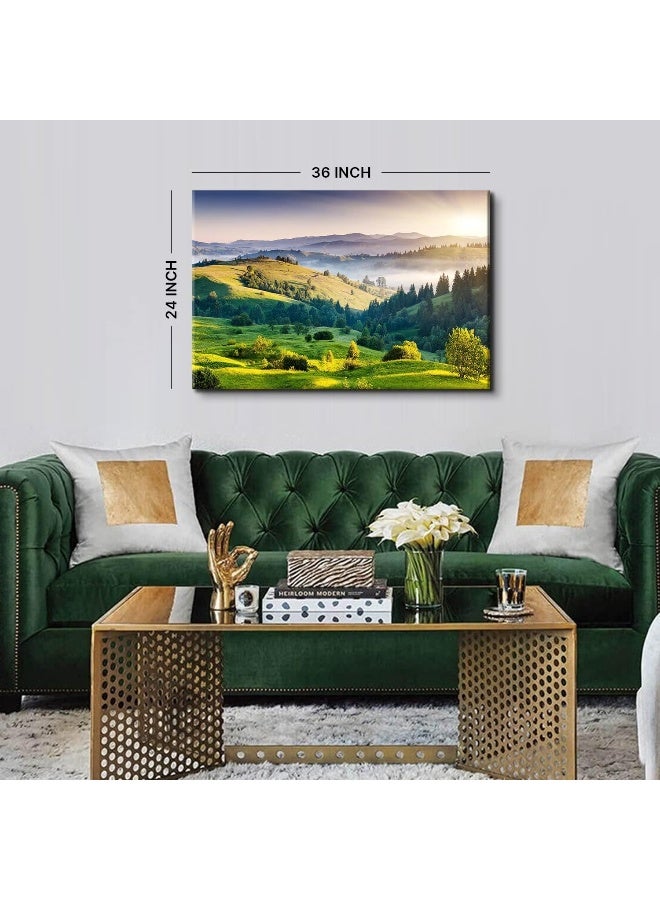 AREBOLO Sunrise Mountain Wall Art Misty Forest Landscape Canvas Picture Living Room Decor 24x36 - Image 4