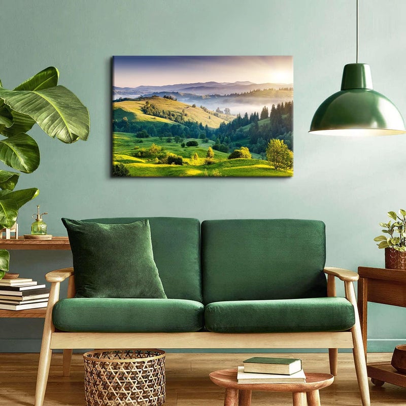 AREBOLO Sunrise Mountain Wall Art Misty Forest Landscape Canvas Picture Living Room Decor 24x36 - Image 2