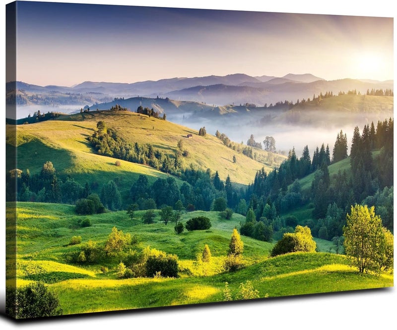 AREBOLO Sunrise Mountain Wall Art Misty Forest Landscape Canvas Picture Living Room Decor 24x36 - Image 1