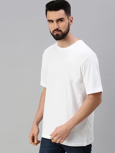 Veirdo® White & Black Oversized Baggy Fit Drop Shoulder Half Sleeves Round Neck Solid Pure Cotton T-Shirt for Men (PO2_OS_100_WT_BK_S) - Image 5