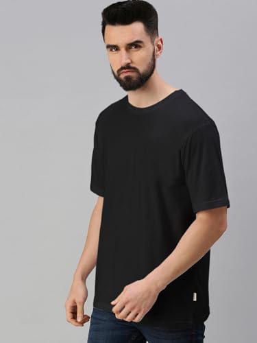 Veirdo® White & Black Oversized Baggy Fit Drop Shoulder Half Sleeves Round Neck Solid Pure Cotton T-Shirt for Men (PO2_OS_100_WT_BK_S) - Image 3