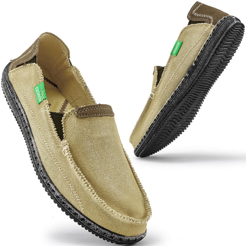 VILOCY Mens Slip on Deck Shoes Casual Canvas Loafers Summer Beach Boat Shoes Zero Drop Vintage Flat Tan US5 EU39 - Image 5