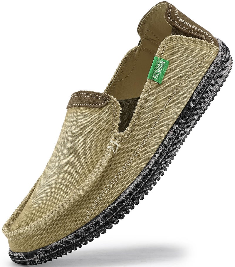 VILOCY Mens Slip on Deck Shoes Casual Canvas Loafers Summer Beach Boat Shoes Zero Drop Vintage Flat Tan US5 EU39 - Image 1