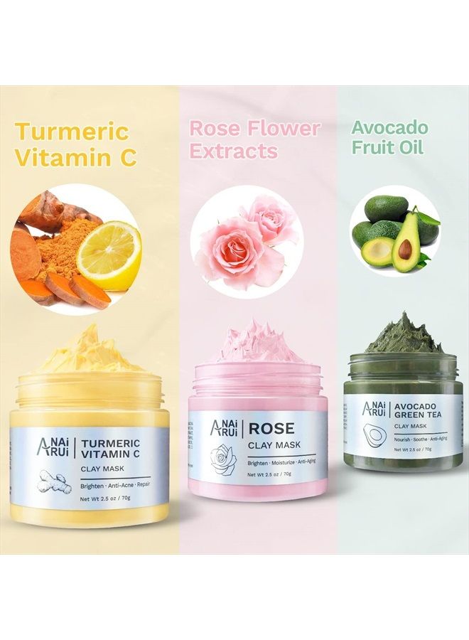 ANAI RUI Turmeric Vitamin C Clay Mask -Rose Facial Mask –Avocado Green Tea Mud SPA Mask Set 2.5 oz each - Image 2