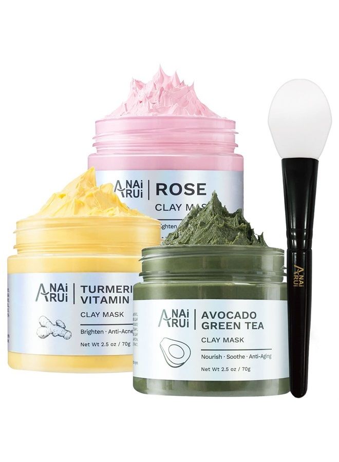 ANAI RUI Turmeric Vitamin C Clay Mask -Rose Facial Mask –Avocado Green Tea Mud SPA Mask Set 2.5 oz each - Image 1