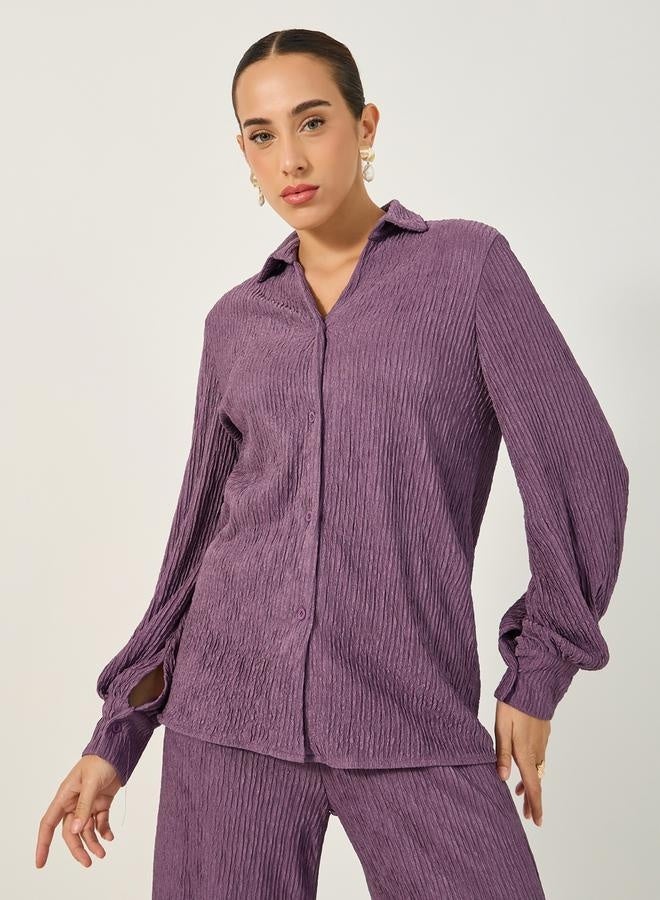 Styli Textured Balloon Sleeve Spread Collar Shirt - Image 3