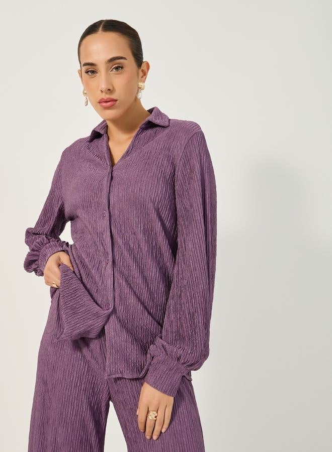 Styli Textured Balloon Sleeve Spread Collar Shirt - Image 1