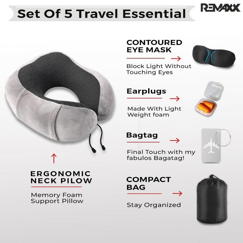 REMAXX Memory Foam Travel Neck Pillow with Bag Tag Luggage Tag Combo Eye Masks Ear Plugs Ideal for Sleeping Neck Pain Relief Ergonomic Design 360 Neck Rest Support Washable Cover Gray - Image 3