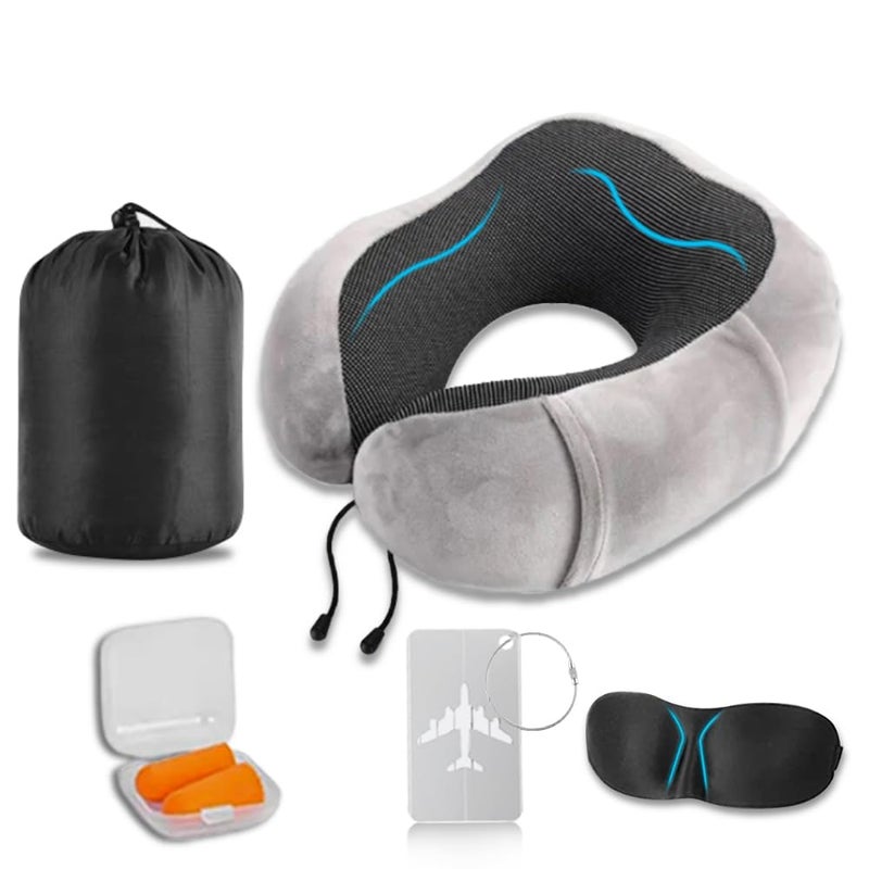 REMAXX Memory Foam Travel Neck Pillow with Bag Tag Luggage Tag Combo Eye Masks Ear Plugs Ideal for Sleeping Neck Pain Relief Ergonomic Design 360 Neck Rest Support Washable Cover Gray - Image 1