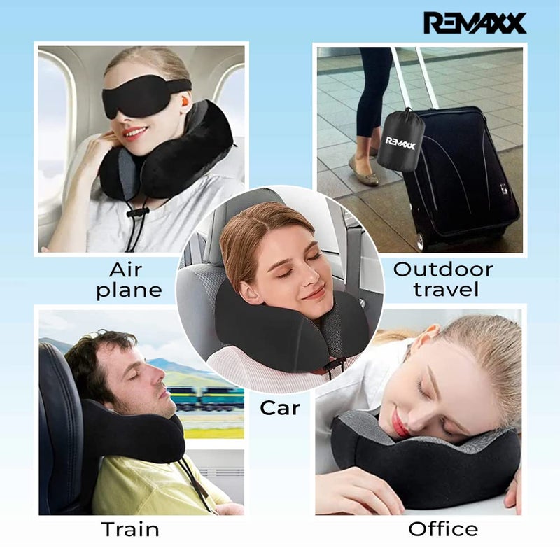 REMAXX Memory Foam Travel Neck Pillow with Bag Tag Luggage Tag Combo Eye Masks Ear Plugs Ideal for Sleeping Neck Pain Relief Ergonomic Design 360 Neck Rest Support Washable Cover Gray - Image 4