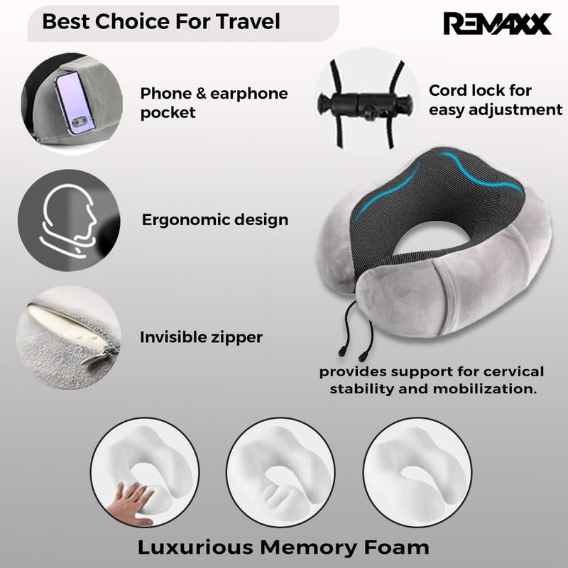 REMAXX Memory Foam Travel Neck Pillow with Bag Tag Luggage Tag Combo Eye Masks Ear Plugs Ideal for Sleeping Neck Pain Relief Ergonomic Design 360 Neck Rest Support Washable Cover Gray - Image 5