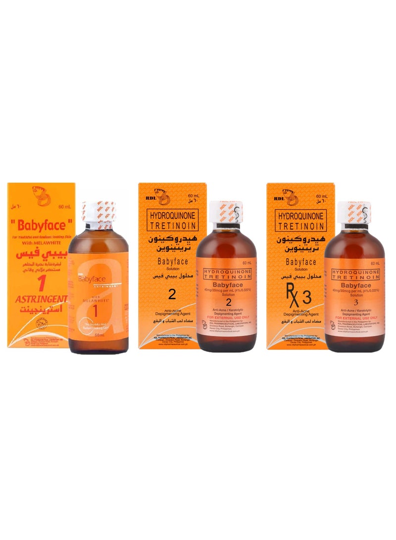 مجموعة من 3 عبوات محلول بيبي فيس رقم 1 و 2 و 3 لمقاومة حب الشباب والبقع الداكنة - 3x60ملليلتر