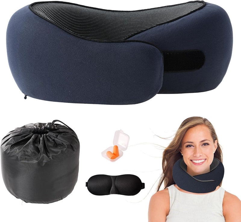 Travel Pillow for Airplane with Eye Mask, Ear Plugs, and Carry Bag - Adjustable Memory Foam Neck Pillow (Blue) - Image 1