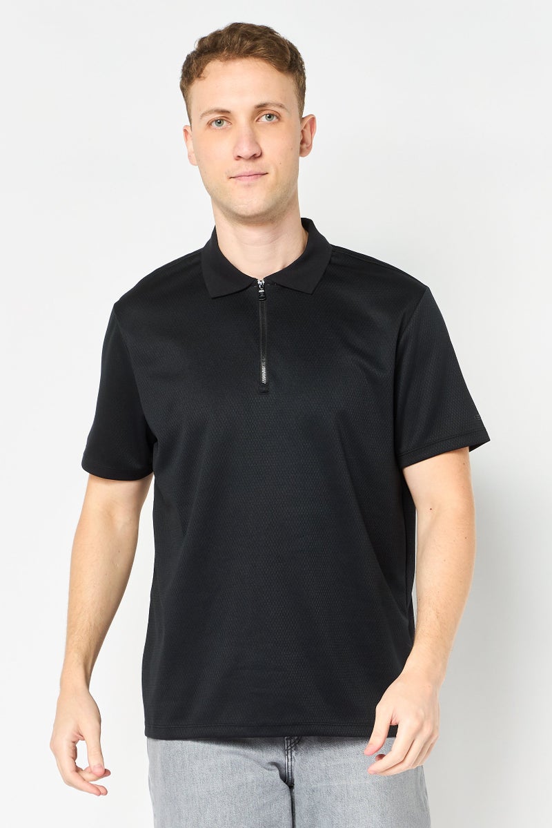 Chaps Men Regular Fit Textured Short Sleeve Half Zipper Polo Shirt, Black - Image 1