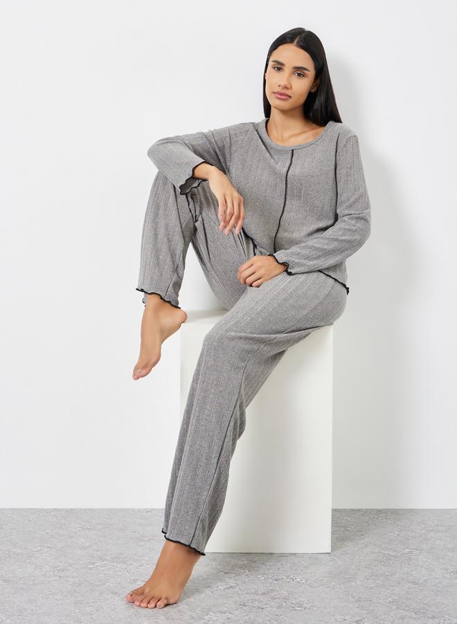Styli Lettuce Edge Ribbed T-Shirt and Pyjama Set - Image 1