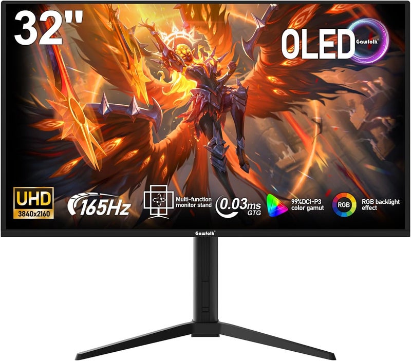 Gawfolk شاشة ألعاب Gawfolk QD OLED مقاس 32 بوصة 4K 165 هرتز UHD (3840 × 2160 بكسل) 0.03 مللي ثانية (GTG) 99% DCI-P3 FreeSync HDR400 نسبة تباين 1.5 مليون:1 إضاءة خلفية RGB قابلة لتعديل الإمالة والارتفاع والدوران - Image 1