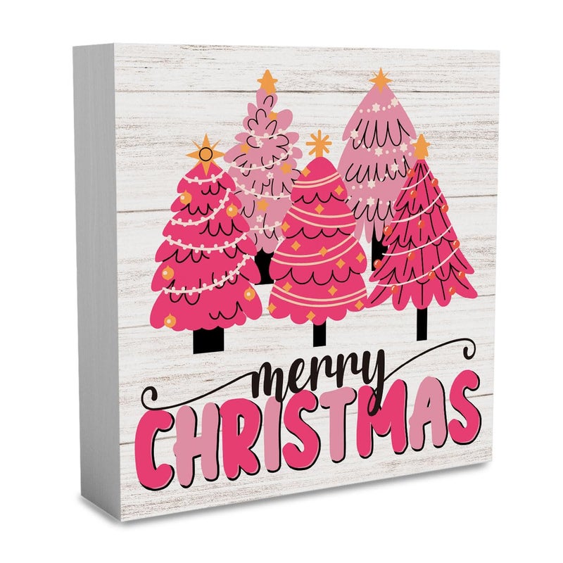 WRSUNT Pink Christmas Sign Pink Christmas Decorations Pink Christmas Tree Sign Merry Christmas Sign for Table Christmas Signs for Home Office Shelf Cubicle Decoration 5 x 5 Inches - Image 1