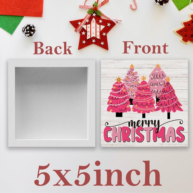 WRSUNT Pink Christmas Sign Pink Christmas Decorations Pink Christmas Tree Sign Merry Christmas Sign for Table Christmas Signs for Home Office Shelf Cubicle Decoration 5 x 5 Inches - Image 2