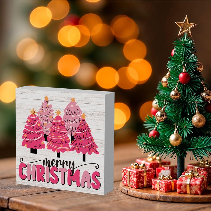 WRSUNT Pink Christmas Sign Pink Christmas Decorations Pink Christmas Tree Sign Merry Christmas Sign for Table Christmas Signs for Home Office Shelf Cubicle Decoration 5 x 5 Inches - Image 4