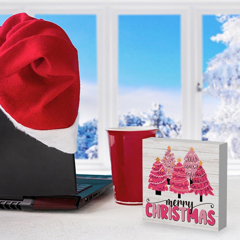 WRSUNT Pink Christmas Sign Pink Christmas Decorations Pink Christmas Tree Sign Merry Christmas Sign for Table Christmas Signs for Home Office Shelf Cubicle Decoration 5 x 5 Inches - Image 3