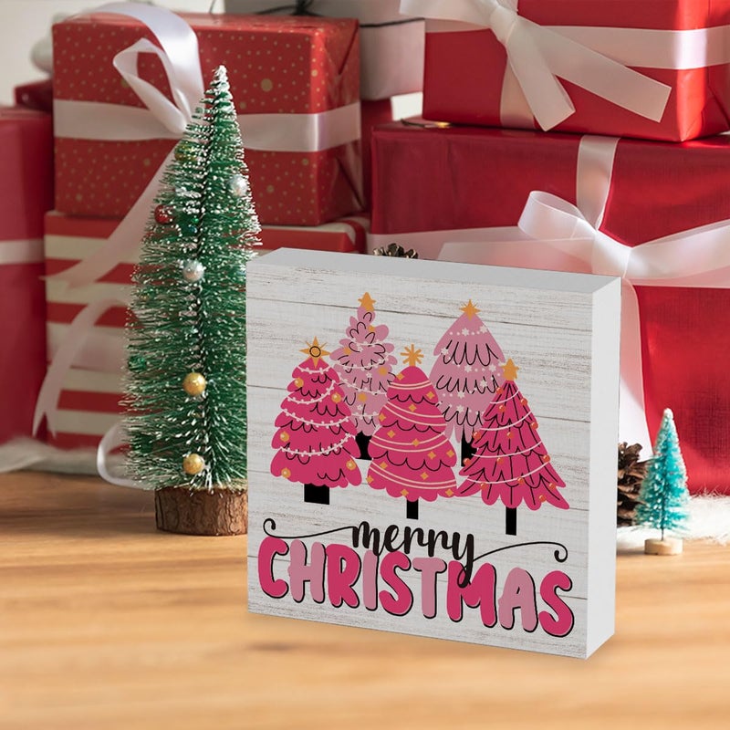 WRSUNT Pink Christmas Sign Pink Christmas Decorations Pink Christmas Tree Sign Merry Christmas Sign for Table Christmas Signs for Home Office Shelf Cubicle Decoration 5 x 5 Inches - Image 5