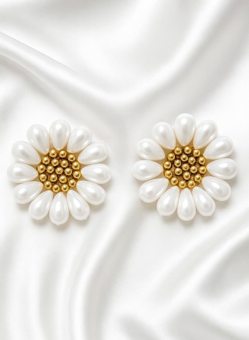 Ready For Chai Handmade Floral Beaded Statement Earrings – Elegant Party & Ethnic Jewelry- Golden