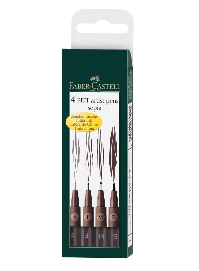 FABER-CASTELL Pitt Artist Pen India ink pen, wallet of 4, dark sepia, Content: S = 0.3 mm, F = 0.5 mm, M = 0.7 mm, B = brush tip - Image 1