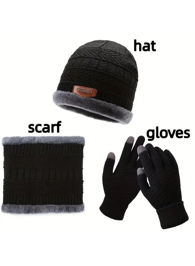 Lyaxm 3 Pcs Cuff Knit Hat & Neck Warmer & Gloves Set   Ear Protection Warm Hat Neck Cover Letter Patched Thermal Hat And Fleece Neck Warmer Scarf And Winter Full Finger Gloves For Women & Men - Image 4