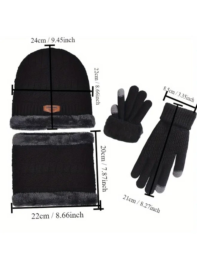 Lyaxm 3 Pcs Cuff Knit Hat & Neck Warmer & Gloves Set   Ear Protection Warm Hat Neck Cover Letter Patched Thermal Hat And Fleece Neck Warmer Scarf And Winter Full Finger Gloves For Women & Men - Image 3
