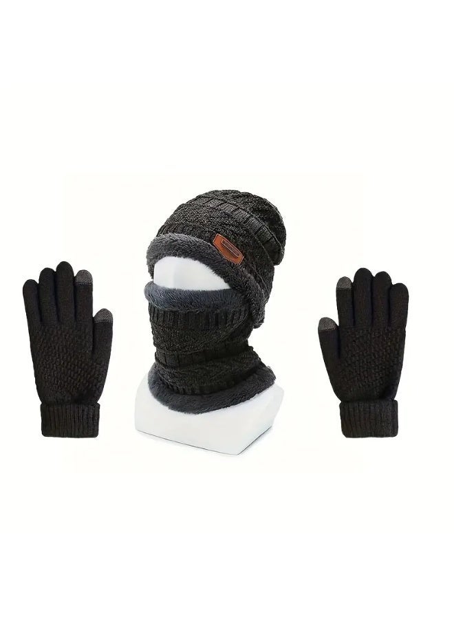 Lyaxm 3 Pcs Cuff Knit Hat & Neck Warmer & Gloves Set   Ear Protection Warm Hat Neck Cover Letter Patched Thermal Hat And Fleece Neck Warmer Scarf And Winter Full Finger Gloves For Women & Men - Image 1