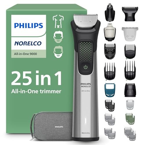 Norelco Philips All-in-One 9000 Series 25-Piece Trimmer - Electric Shaver and Clipper for Face, Beard, Head & Body, Self-Sharpening Full Metal Blades, 27 Length Settings (0.5-20 mm), MG9580/40 - Image 1