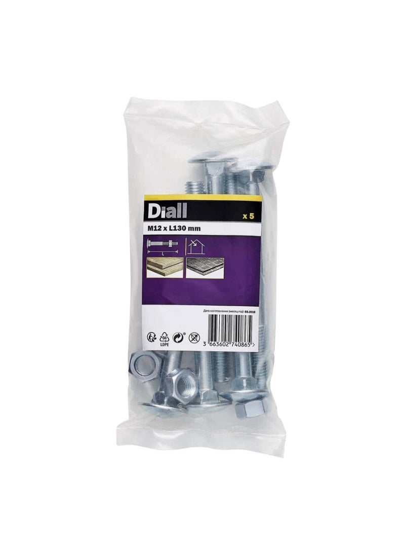 ACE Zinc Plated Carbon Steel Square Coach Nut And Bolt Pack M12 X 130 Mm 5 Piece 