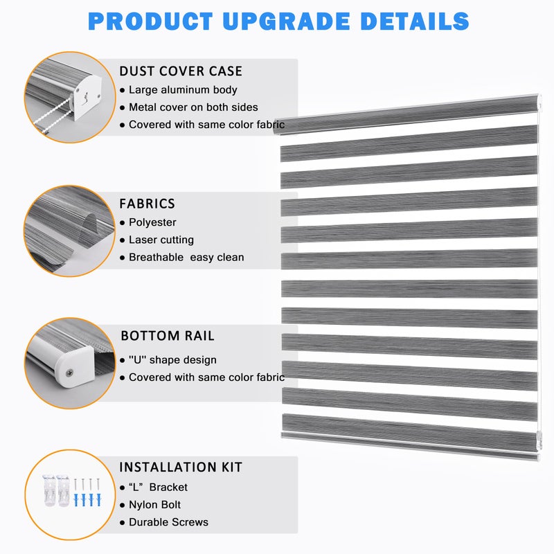 JIANGPIN TEXTILE Blinds for Windows, Dual Layer Zebra Blind & Light Filtering Roller Shades for Living Room and Basement, (Maximum Height 72inch, Grey, Width 21 inch) - Image 4