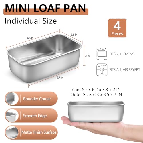 LIANYU 4 Pack Mini Loaf Pan for Baking Bread 63 x 35 Inch Stainless Steel Small Bread Loaf Pan for Homemade Meatloaf Tin Loaf Baking Pan Perfect for Banana Sourdough Sandwich Dishwasher Safe - Image 3