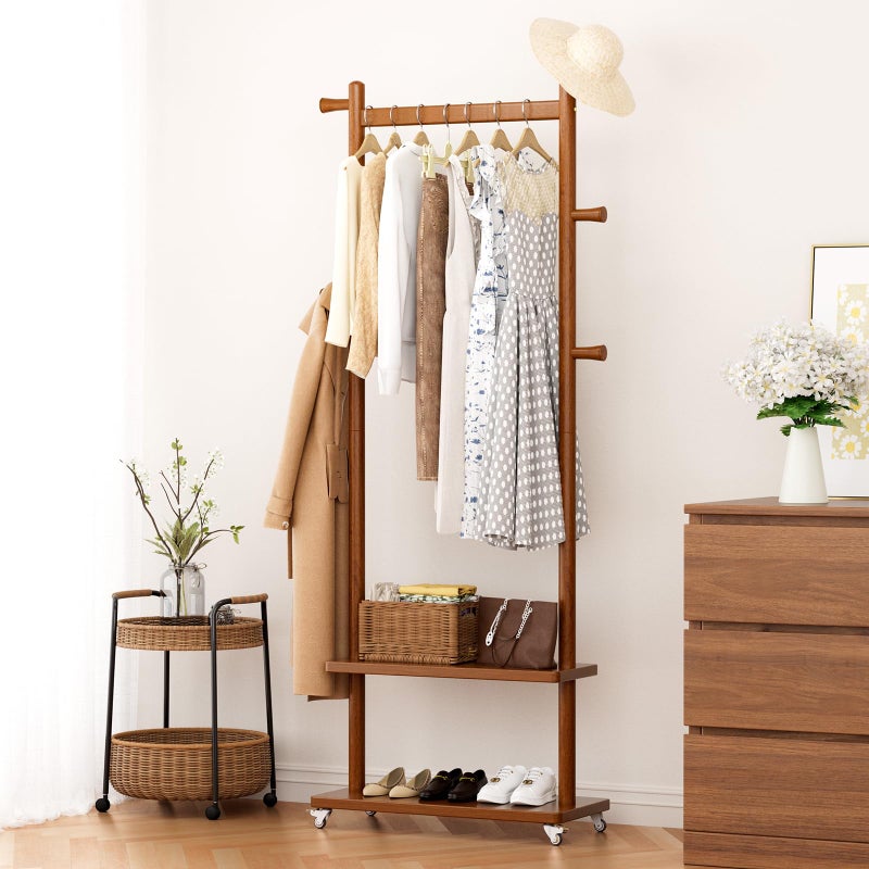 Taitiy Coat Rack Freestanding Clothing Rack with Wheels & 2 Shelves Storage & 5 Hooks Heavy Duty Clothes Rack Wood Coat Tree Stand Hat Hanger Rack for Corner Bedroom Entryway Living Room Hotel Size L - Image 1