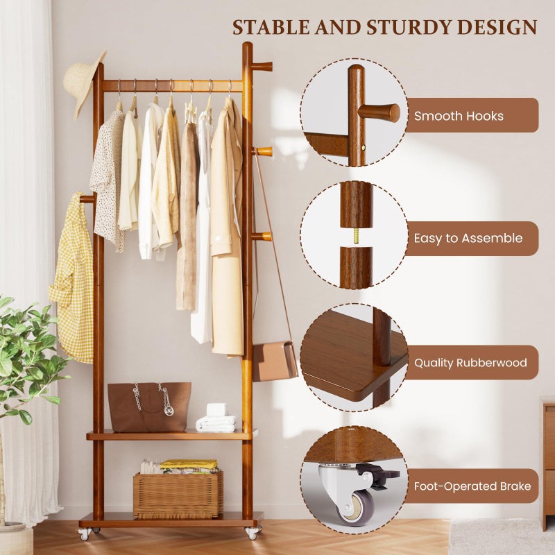 Taitiy Coat Rack Freestanding Clothing Rack with Wheels & 2 Shelves Storage & 5 Hooks Heavy Duty Clothes Rack Wood Coat Tree Stand Hat Hanger Rack for Corner Bedroom Entryway Living Room Hotel Size L - Image 5