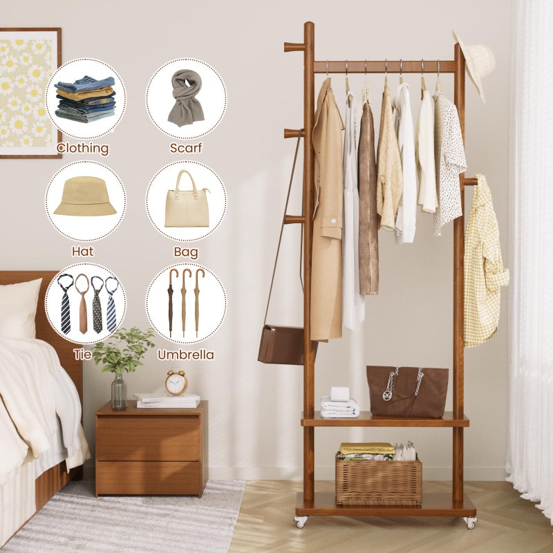 Taitiy Coat Rack Freestanding Clothing Rack with Wheels & 2 Shelves Storage & 5 Hooks Heavy Duty Clothes Rack Wood Coat Tree Stand Hat Hanger Rack for Corner Bedroom Entryway Living Room Hotel Size L - Image 3