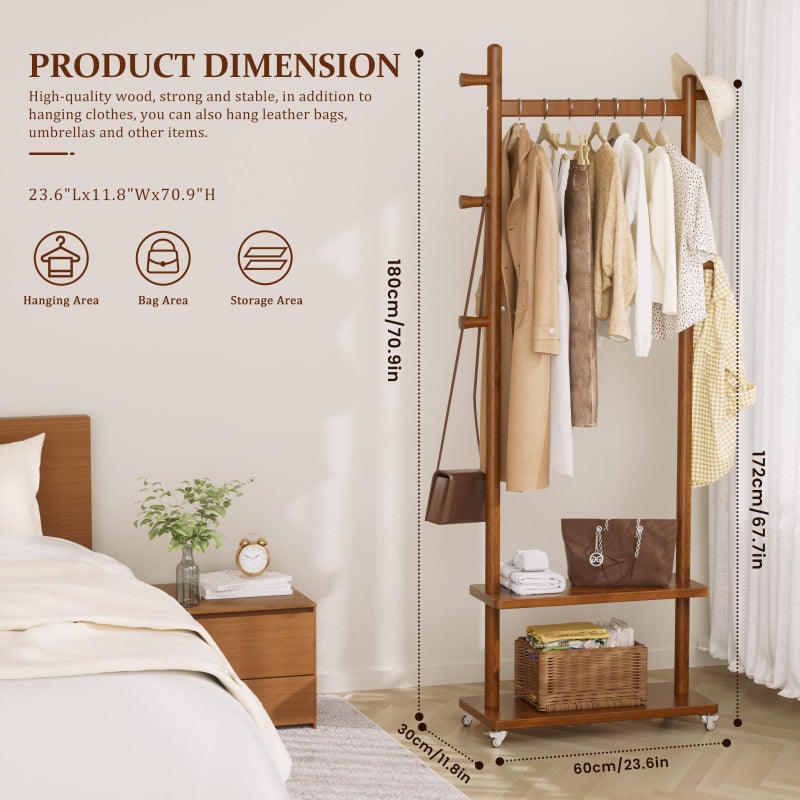 Taitiy Coat Rack Freestanding Clothing Rack with Wheels & 2 Shelves Storage & 5 Hooks Heavy Duty Clothes Rack Wood Coat Tree Stand Hat Hanger Rack for Corner Bedroom Entryway Living Room Hotel Size L - Image 2