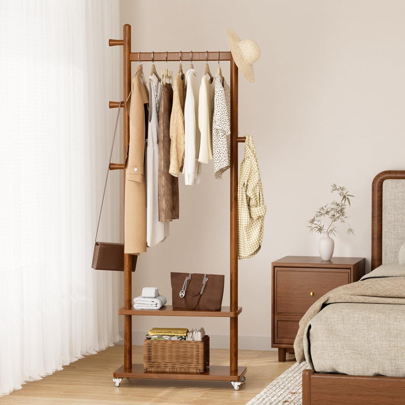 Taitiy Coat Rack Freestanding Clothing Rack with Wheels & 2 Shelves Storage & 5 Hooks Heavy Duty Clothes Rack Wood Coat Tree Stand Hat Hanger Rack for Corner Bedroom Entryway Living Room Hotel Size L - Image 4