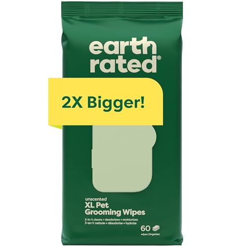 Earth Rated XL Pet Wipes for Dogs & Cats, 3-in-1 Hypoallergenic Cleaning, Deodorizing and Hydrating Extra Large Grooming for Body, Paws and Butt, Unscented, 60 Count - Image 1