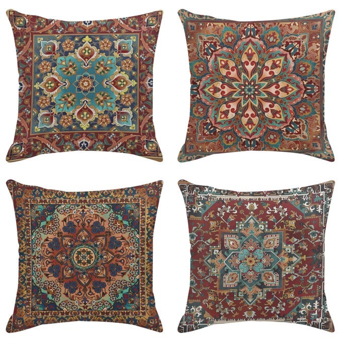 THROW PILLOW COVERS HOME DECOR SET OF 4 TRIBAL EASTERN GEOMETRIC VINTAGE PILLOW CASES DECORATIVE 18 X 18 INCHES OUTDOOR CUSHION COUCH SOFA PILLOWCASES