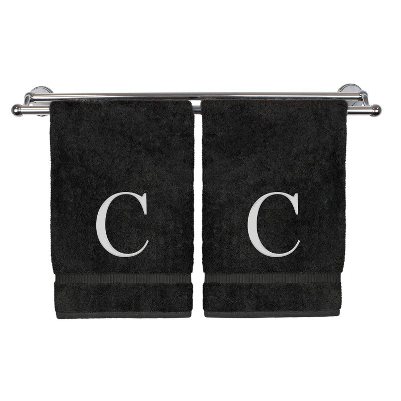 Monogrammed Hand Towel Personalized Gift Set of 2 White Block Letter Embroidered Towel  Extra Absorbent 100 Turkish Cotton  Soft Terry Finish  Initial C Black
