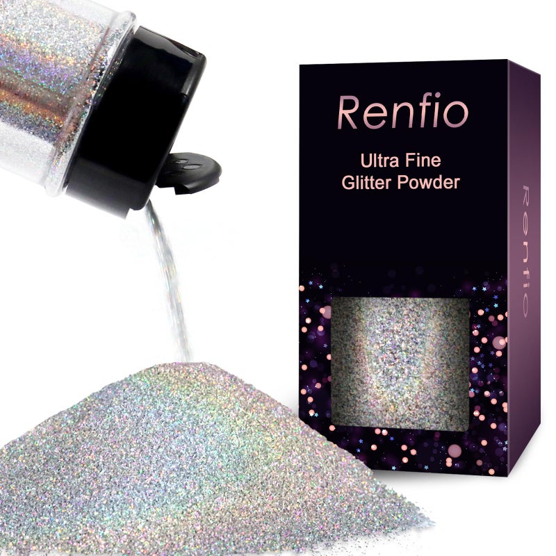 Renfio Holographic Ultra Fine Metallic Resin Glitter 211 Oz 60g PET Flakes Crafts Sequins 1128 0008 02mm Epoxy Chips Flakes Rainbow Glitter for Tumblers Slime Laser Silver