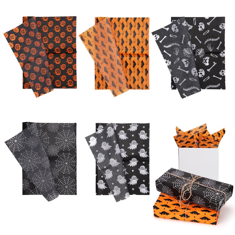 XIHIRCD 30 Sheets Halloween Packaging Tissue Papers, 5 Styles, 6 Sheets Each, 35x50cm/13.78x19.69 Inch, Black, White, Orange, Gift Wrapping, DIY Crafts, Halloween, Party Decorations - Image 1