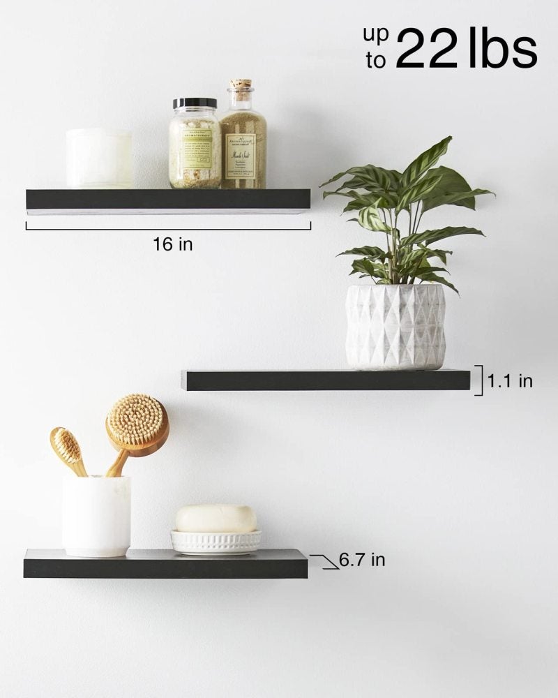 Floating Shelves 16In Black Sleek Wooden - 22Lbs Load-Bearing Wall Mounted Shelf for Bathroom Bedroom Living Room Kitchen - Image 5